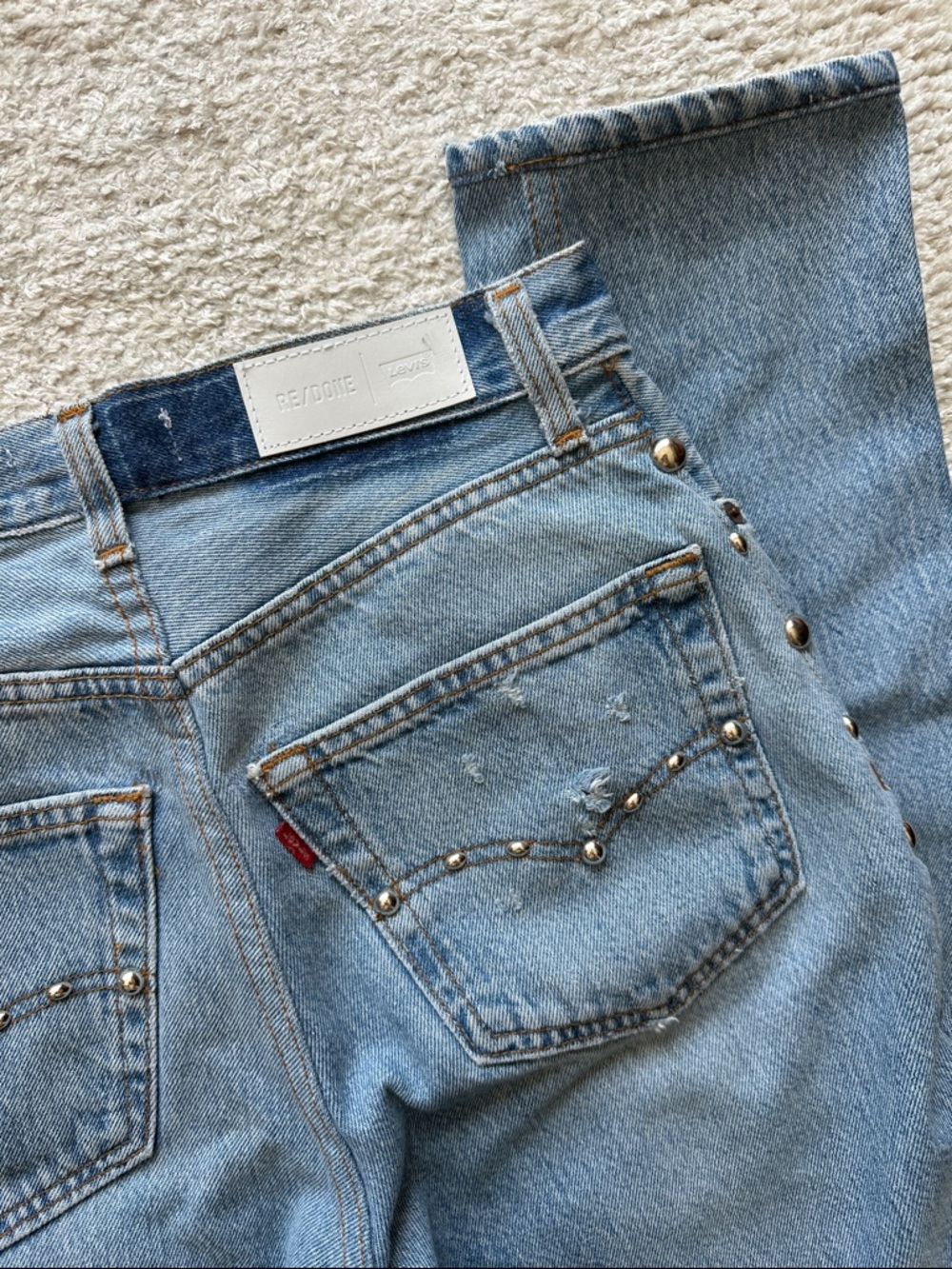 Re/Done Light Blue Straight Leg Jeans with Stud Details